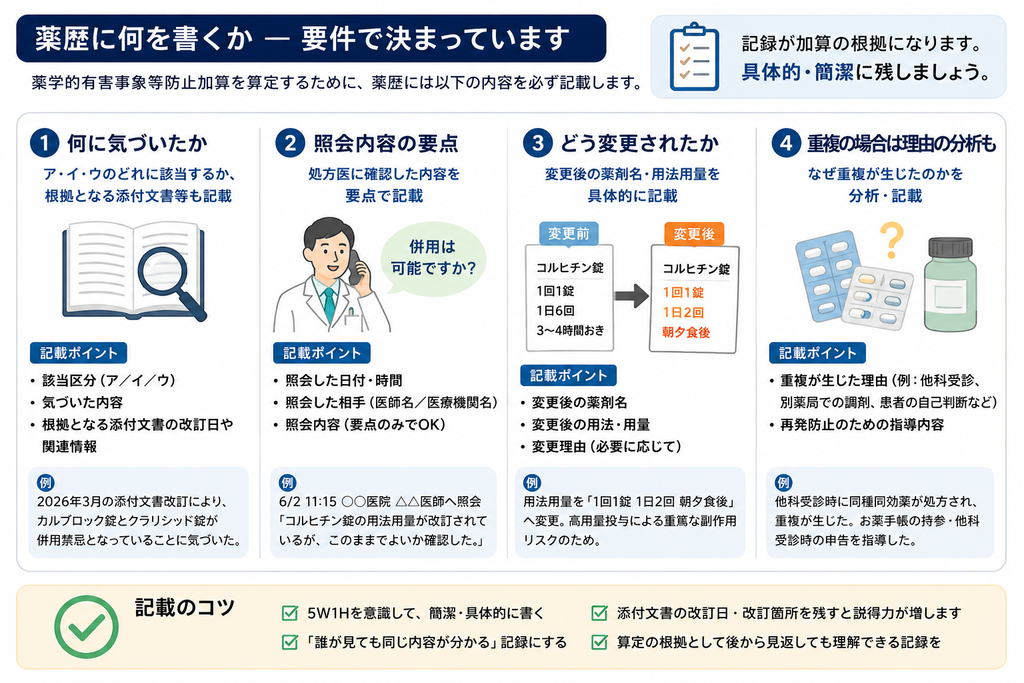 薬歴に記載する4項目の図解。1.何に気づいたか、2.照会内容の要点、3.どう変更されたか、4.重複の場合は理由の分析。それぞれ記載ポイントと記載例つき