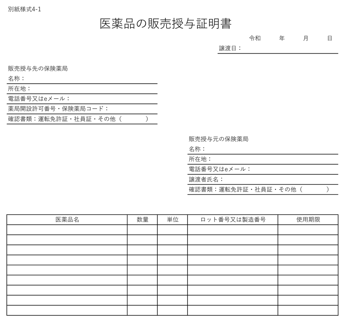 別紙様式4-1 医薬品の販売授与証明書の様式。譲渡日、販売授与先・販売授与元それぞれの名称や確認書類、医薬品名・数量・単位・ロット番号・使用期限の表がある