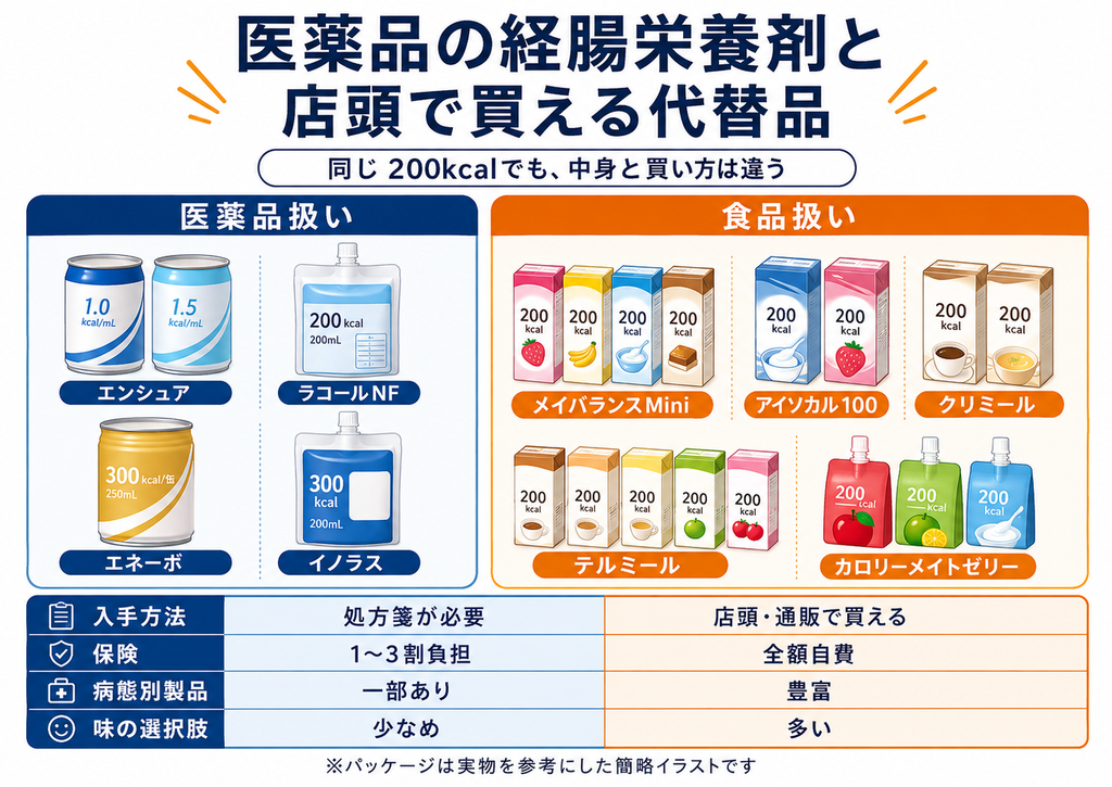 医薬品扱いの経腸栄養剤と、店頭で買える食品扱いの代替品の比較