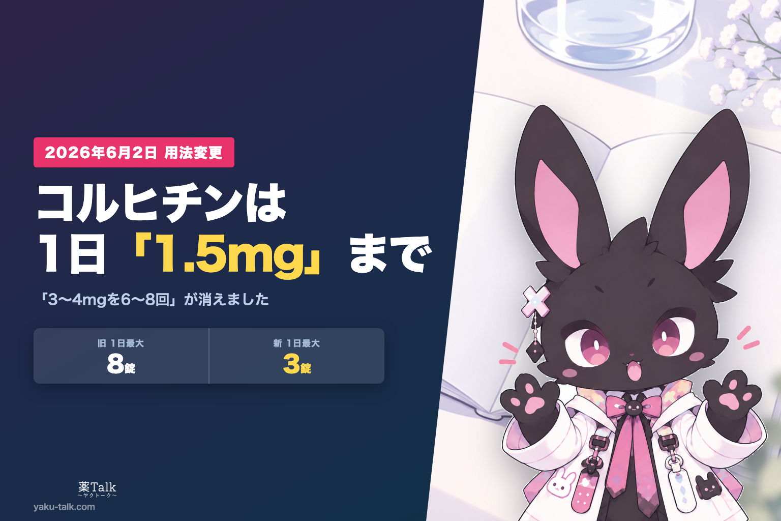 コルヒチンの痛風発作の緩解が2026年6月2日に1日1.5mgまでに変更。旧用法の1日3〜4mgを6〜8回分割は消えた