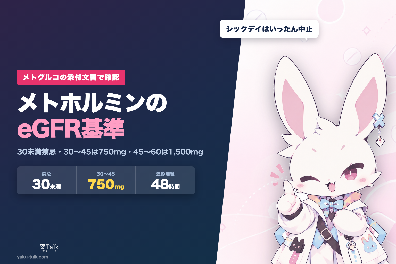 メトグルコ（メトホルミン）のeGFR基準｜30未満禁忌・30〜45は750mgまで、造影剤48時間とシックデイ【添付文書】